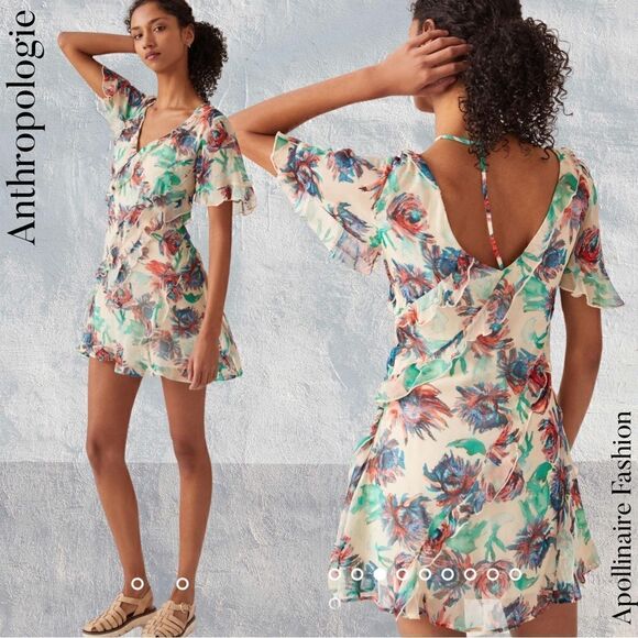 ANTHROPOLOGIE RUFFLED FLORAL MINI DRESS XS NWT - Picture 1 of 9